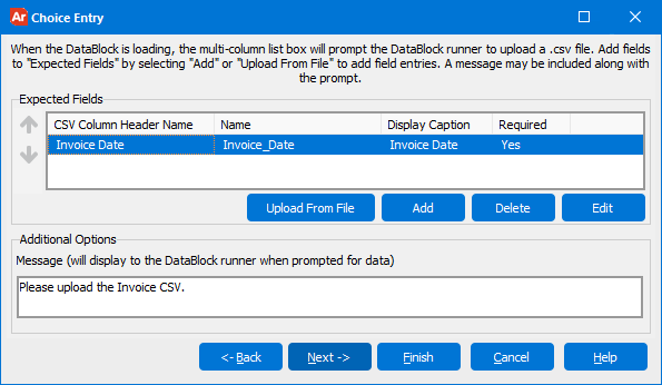 Here, the MAPS admin may include which Csv headers they expect to be inlcuded in the .csv file uploaded by the user. They may also mark these files as required, and inlcude a custom message inlcuded in the prompt.